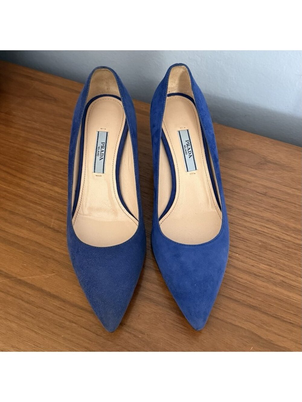 Prada Pointed Toe Kitten Heel Pumps in Blue Suede Size 36